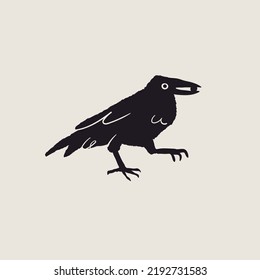 Black Raven or Crow bird. Side view. Cartoon style, flat design. Halloween, horror concept. Hand drawn trendy isolated Vector illustration. Logo, print, design template