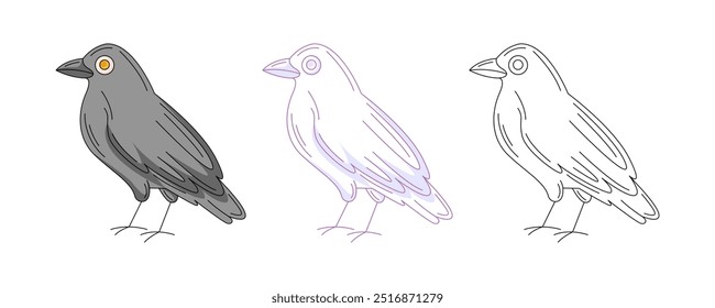 Black raven or crow, colorful and line icons set. Traditional halloween symbol, bird. Vector flat icon, monochrome purple, color, outline illustration. For logo, sticker, coloring book, label