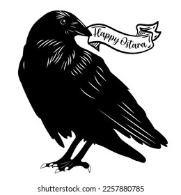 Black Raven Crow mit Ribbon Happy Ostara. Schwarz-Weiß-Vektordesign für Logo, Grußkarte usw. 