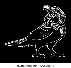 Black raven, crow vector linear illustration. Isolated on black background.
