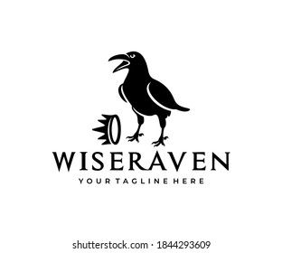 Black raven with crown, stands on the ground and looks, logo design. Crow, bird and animal, vector design and illustration