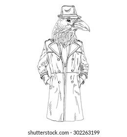 black raven dressed up in black coat and hat, fashion animal illustration, anthropomorphic design, furry art, hand drawn graphic, totem