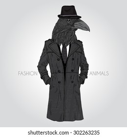 black raven dressed up in black coat and hat, fashion animal illustration, anthropomorphic design, furry art, hand drawn graphic, totem