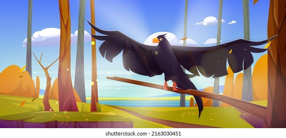 Black raven fly in autumn forest on river shore. Vector cartoon illustration of fall landscape with water stream, green grass, orange bushes, trees and wild crow with spread wings