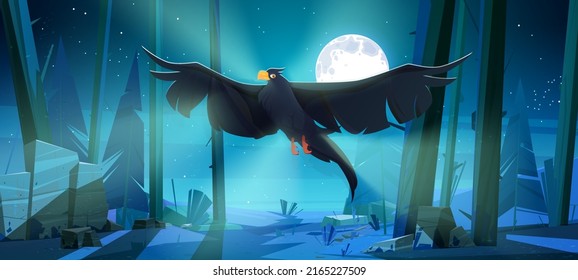 Black raven flying in coniferous forest at night. Vector cartoon illustration of woods landscape with wild crow with spread wings, pines, stones, grass and full moon in sky