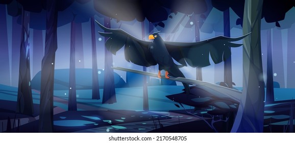 Black raven flying in coniferous forest at night. Vector cartoon illustration of woods landscape with wild crow with spread wings, pines, grass and moon light beam