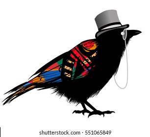 Black raven with hat - vector illustration