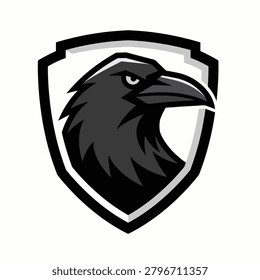 A black raven head logo on a shield emblem