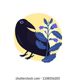 Black raven with herbs in twig frame on moon background