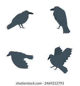 Black raven icons set cartoon vector. Cute cartoon raven. Bird, animal