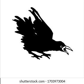 Black raven illustrated by ink on a white background. Vector. Image of a bird, crow, jackdaw, magpie. Occultism, mysticism, shamanism, symbol, magic. Chinese style, oriental.