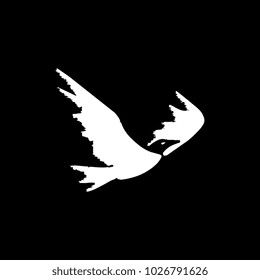 Black raven isolated on black background grunge style. Hand drawn crow vector illustration.