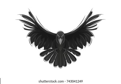 Black raven isolated on white background. Hand drawn crow.