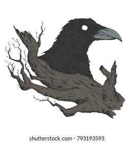 Black raven and old tree branch in vintage engraving style. Hand drawn vector retro illustration. Template for cover, poster, banner, greeting card.