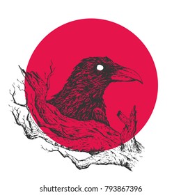 Black raven and old tree branch in engraving style with red shape. Hand drawn vector retro illustration. Template for cover, poster, banner, greeting card.