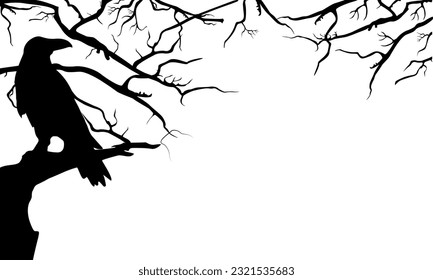 Schwarzer Raben auf Baumbrunnen. Silhouette von Raben für Halloween-Design.Vektorgrafik