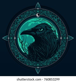  black raven on moon background with ornamental frame