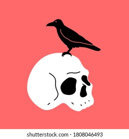 Black Raven on the skull. Halloween party. Vector illustration