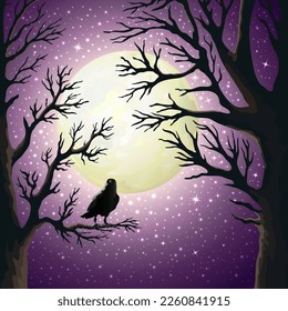 A black raven on a tree branch against a dark purple night sky with a moon and stars. Halloween. October 31st. Vector illustration.