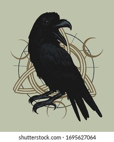 Black raven on the triquetra celtic symbol background with moons occult vector illustration.