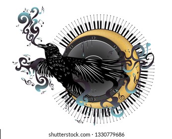 Black raven over crescent moon with audio speaker and piano keyboard with music notes.