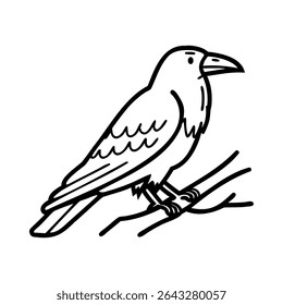 A black raven perched on a branch. The bird has a sharp beak and detailed feathers, showcasing its distinctive features. It is a common symbol in various cultures.