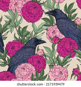 Black raven and pink peony seamless pattern