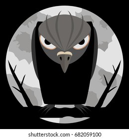 Black raven with scary eyes and sharp claws on night background and of a large pale moon. Dark silhouette with evil look. Halloween background. Vector illustration. 