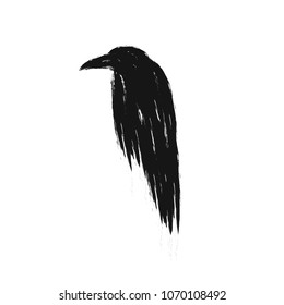 Black raven silhouette isolated on a white background. Vector crow illustration.