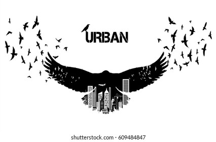 The black raven silhouette with the white city silhouette vector illustration with double exposure effect. 
