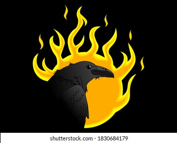 A black raven sits on the background of hellish flames, fire. Illustration for Occult, Ritual, Black Magic and Witchcraft. Raven looks over his shoulder. Vector isolated. Raven eye