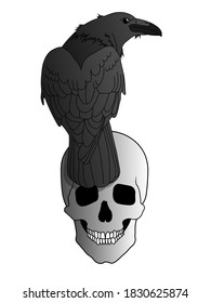 A black raven sits on a grinning human skull. Illustration for Occult, Ritual, Black Magic and Witchcraft. Raven looks over his shoulder. Grinning scary human Skull. Vector isolated