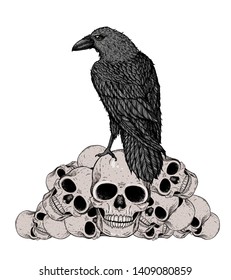 Black raven sits the skulls  Skull   raven hand drawn illustration  Tattoo vintage print  Skull hand drawn print  Tattoo design  Pile skulls   raven  Vector illustration 