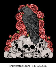 Black raven sits the skulls  Skull  raven   roses hand drawn illustration  Tattoo vintage print  Skull hand drawn print  Tattoo design  Pile skulls  flowers   raven 