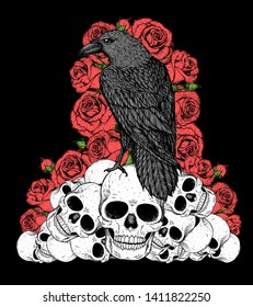 Black raven sits on the skulls. Skull, raven and roses hand drawn illustration. Tattoo vintage print. Skull hand drawn print. Tattoo design. Pile of skulls, flowers and raven.