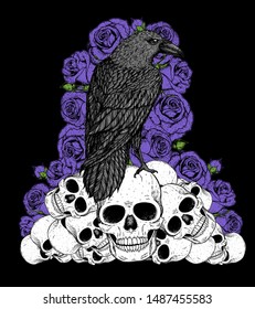 Black raven sits on the skulls. Skull, raven and roses hand drawn illustration. Tattoo vintage print. Skull hand drawn print. Tattoo design. Pile of skulls, flowers and raven.