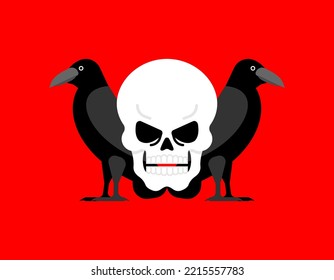 Black raven and skull. Black crow symbol of death