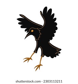 Black raven with spread wings isolated on white background. Vector illustration. Halloween and mystic forest series.