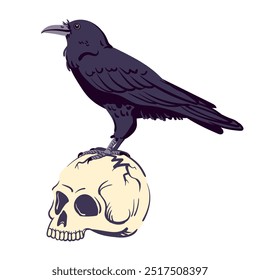 Black raven standing on a human skull. Vector illustration for Halloween. Witch's familiar, magical totem animal, guide to the afterlife. Symbol of death, witchcraft, mysticism and alchemy.