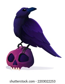 
A black raven stands on a cat's skull. Gloomy Halloween bird for decoration. Colorful print with gradients. Vector illustration isolated on white background.