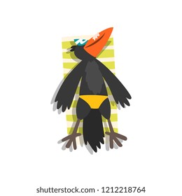 Black raven sunbathing on the beach, cute bird cartoon character relaxing on the seashore at summer vacation vector Illustration on a white background