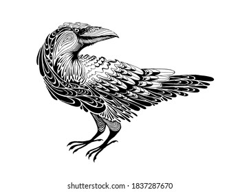 Black raven tattoo. Vector illustration of a black Raven.  Silhouette of a sly crow. Crow symbol of gothic, halloween, wisdom, longevity.