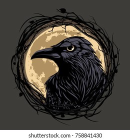 Black raven in twig frame on moon background