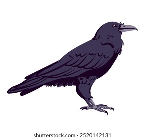 Black raven vector illustration. Cartoon style, flat design. Halloween, horror concept. Magic crow witch familiar, totem animal. Symbol of death and mysticism, guide to the afterlife.