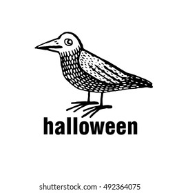 Black raven. Vector illustration of cute greeting card for Halloween. Logo for party.