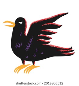 Black raven. The raven of the witch. Halloween crow black bird with open wings in cartoon flat style.
