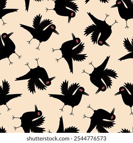 Black ravens with creepy eyes hand drawn vector illustration. Spooky bird Halloween character seamless pattern for kids wallpaper or fabric.