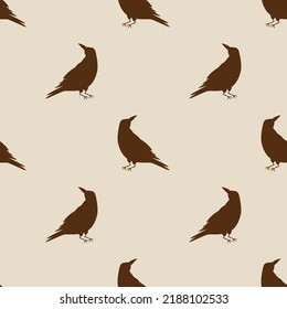 Black Ravens Seamless Pattern. Hand Drawn Crow Birds Repeated Background For Halloween Party, Spooky Print. Black Raven Vector Illustration, Birds Wallpaper, Card Graphic Design, Horror Banner.