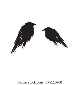 Black ravens silhouettes. Crow birds. Vector illustration isolated on a white background.