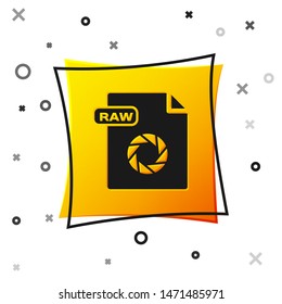 Black RAW file document. Download raw button icon isolated on white background. RAW file symbol. Yellow square button. Vector Illustration